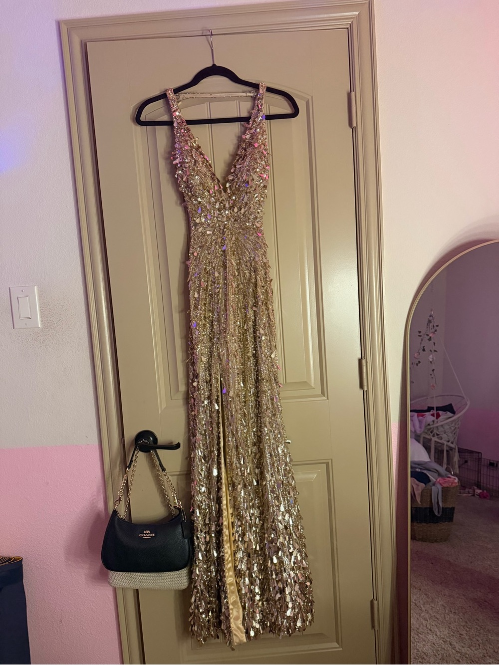 Sherri Hill Gold Sequin Cutout Prom Gown - Picture 5 of 7